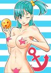  anchor blue_eye blue_eyes blue_hair blush breasts bulma dragon_ball dragonball green_hair hair_bobbles hair_ornament jeibii large_breasts looking_at_viewer maebari navel nipples nude open_mouth pasties pubic_hair side_ponytail simple_background solo star_maebari star_pasties striped_background wink 