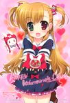  :d absurdres bow candy food fujima_takuya green_eyes hair_ornament happy_valentine heart heterochromia highres incoming_gift long_hair lyrical_nanoha mahou_shoujo_lyrical_nanoha_vivid open_mouth pleated_skirt red_eyes sacred_heart scan skirt smile solo two_side_up valentine vivio 