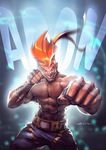  abraao_lucas abs adon_(street_fighter) character_name clenched_hands clenched_teeth fighting_stance grin halftone halftone_background hand_wraps headband male_focus moire mongkhon muscle no_pupils nose orange_hair shorts signature smile solo street_fighter teeth 