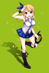  belt blonde_hair boots brown_eyes fairy_tail full_body high_heels himaya key knee_boots looking_up lucy_heartfilia one_side_up open_mouth petals ribbon salute shirt shoes simple_background skirt sleeveless sleeveless_shirt smile solo whip wristband 