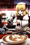  :&lt; blonde_hair bow cappuccino_(drink) coffee coffee_beans coffee_maker_(object) contemporary crescent cup drill_hair drink hat heart kitchen latte_art luna_child red_eyes short_hair solo star sun touhou tsubasa_(abchipika) vacuum_coffee_maker wide_sleeves 