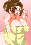  ando_hiroyuki areola areola_slip areolae bare_shoulders blush breast_suppress breasts brown_hair chubby cleavage curvy erect_nipples fat glasses hair_up hips huge_breasts lips milf open_mouth peace peace_sign plump sweat towel v yellow_eyes 
