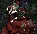  blood bow green_eyes green_hair kagiyama_hina long_hair touhou weapons 