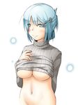  arm_behind_back blue_eyes blue_hair blush bottomless breasts large_breasts naked_sweater original out-of-frame_censoring shima_(sh1mamu) shirt_lift short_hair smile solo sweater underboob 