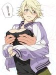  1girl blonde_hair blue_eyes blush breast_grab breasts cleavage faceless faceless_male genderswap genderswap_(mtf) grabbing ivan_karelin jacket large_breasts letterman_jacket poo_(pitind) purple_eyes purple_jacket short_hair sleeves_past_wrists solo_focus tiger_&amp;_bunny 