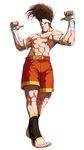  abs ankle_wrap armlet barefoot big_hair brown_hair falcoon hachimaki hand_wraps headband highres joe_higashi male_focus muscle official_art pectorals pointing pointing_at_self shirtless shorts snk solo the_king_of_fighters the_king_of_fighters_2003 