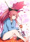  apple barefoot boots bow face feet food fruit hair_bow hands hood hoodie long_hair mahou_shoujo_madoka_magica nuko-d petals polearm red_eyes red_hair sakura_kyouko shoes short_shorts shorts single_shoe sitting soles solo spear toes weapon wide_ponytail wind 