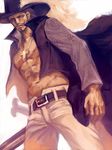  arisue_kanako black_hair coat cowboy_shot cross cross_necklace dracule_mihawk facial_hair hat jewelry male_focus muscle necklace one_piece open_clothes open_coat plume shirtless solo sword weapon yellow_eyes 