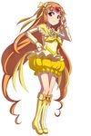  boots bow bubble_skirt caryo choker circlet cure_muse_(yellow) full_body hand_on_hip heart knee_boots long_hair magical_girl nanashino orange_hair precure red_eyes shirabe_ako simple_background skirt smile solo suite_precure white_background yellow_bow yellow_choker yellow_skirt 