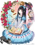  alice_(wonderland) alice_in_wonderland apron argyle argyle_background artist_name black_hair blue_dress blush book bow brown_eyes bug butterfly card cat chess_piece club_(shape) crayon cup diamond_(shape) dress english flower hair_bow halterneck hat heart holding holding_book insect kazuharu_kina key lolita_fashion md5_mismatch original pencil playing_card playing_card_theme pocket_watch rainbow red_flower red_rose rook_(chess) rose sitting smile solo spade_(shape) teacup teapot watch watermark web_address 