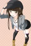  amagami black_legwear boots bracelet brown_eyes brown_hair casual hat jacket jewelry kamizaki_risa leaning_forward necklace open_mouth polka_dot polka_dot_background short_shorts shorts shouji_nigou smile solo thighhighs 