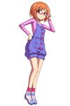  bare_legs brown_eyes brown_hair caryo full_body glasses hand_on_hip nanashino overalls precure red-framed_eyewear shirabe_ako shoes short_hair shorts simple_background sneakers socks solo suite_precure white_background 