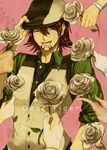  ^_^ bad_id bad_pixiv_id benibeni blush brown_hair cabbie_hat closed_eyes english facial_hair flower hat highres kaburagi_t_kotetsu male_focus necktie rose solo stubble tiger_&amp;_bunny vest waistcoat white_flower white_rose 