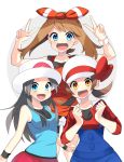  3girls :d absurdres bike_shorts black_shorts blue_(pokemon) blue_eyes blue_shirt bow brown_eyes brown_hair clenched_hands collarbone creatures_(company) double_v game_freak hair_bow hairband haruka_(pokemon) hat hat_bow hat_ribbon highres kotone_(pokemon) long_hair long_sleeves looking_at_viewer multiple_girls nintendo open_mouth overalls pleated_skirt poke_ball_print pokemon pokemon_(game) pokemon_frlg print_hat red_bow red_hairband red_hat red_ribbon red_shirt red_skirt ribbon shirt short_shorts shorts shorts_under_shorts simple_background skirt sleeveless sleeveless_shirt smile standing striped striped_bow twintails v white_background white_shorts wristband yuihiko 