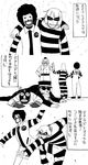  afro arms_up bad_id bad_pixiv_id comic facepaint facial_hair gloves greyscale hamburglar hands_on_hips highres jacket leg_up lying mask mcdonald's monochrome multiple_boys mustache officer_bigmac on_stomach ronald_mcdonald smile striped thumbs_up translated x_x yaza 