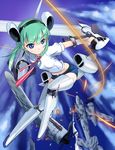  aircraft airplane blade blue_eyes cloud cutting flying girl_arms green_hair jet mecha_musume midriff military personification propeller star ta_154 weapon world_war_ii xp-79 zeco 