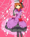  blue_eyes bow dress elbow_gloves eva_beatrice flower frills gloves grin hat juuroku_anna open_mouth orange_hair pantyhose red_flower red_rose ribbon rose smile solo sparkle umineko_no_naku_koro_ni 