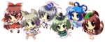  ascot black_eyes blue_eyes blue_hair bow brown_eyes brown_hair chibi detached_sleeves dress futatsuiwa_mamizou ghost_tail green_dress green_eyes green_hair hair_bow hair_ornament hair_tubes hakurei_reimu hat hidamarinet highres japanese_clothes kaku_seiga kariginu leaf leaf_on_head long_hair mononobe_no_futo multiple_girls open_mouth red_eyes ribbon short_hair silver_hair smile soga_no_tojiko touhou toyosatomimi_no_miko yellow_eyes 