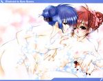  2girls 90s arm_support armpits artist_name ass bangs bath bathing bathtub bent_over black_eyes blue_eyes blue_hair blunt_bangs blush bow breast_grab breasts brown_hair bubble bubble_bath buckle collarbone copyright_request erect_nipples eye_contact female fingering fingernails foam from_side grabbing hair_between_eyes hair_bow hair_bun hair_ornament hair_up half-closed_eyes hand_on_own_stomach hanging_breasts highres holding indoors kiss large_breasts letterboxed long_fingernails long_hair looking_at_another lying multiple_girls navel nipples nude on_back open_mouth original pale_skin plaid profile pussy raised_eyebrows ramiya_ryou red_hair saliva saliva_swap saliva_trail scan shared_bathing short_hair soap_bubbles spread_legs steam stuffed_animal stuffed_toy tears tongue tongue_out uncensored uneven_eyes wading yuri 