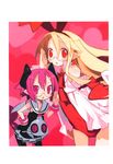  absurdres adjusting_eyewear bare_shoulders bat_wings bespectacled black_legwear blonde_hair demon_tail detached_sleeves disgaea flonne flonne_(fallen_angel) glasses hairband hand_in_pocket harada_takehito heart highres horns leaning_forward leotard long_hair looking_at_viewer makai_senki_disgaea_3 multiple_girls official_art open_mouth pantyhose pleated_skirt pointy_ears purple_eyes purple_hair raspberyl red_eyes red_leotard sailor_collar short_hair skirt tail white_sailor_collar wings wrist_cuffs 