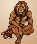  clothing crossed_legs feline green_eyes hair half-dressed lion mab male mammal mane open_mouth shorts sitting solo tail toned topless two_color_hair two_tone_hair 