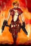  alice_(resident_evil) blonde_hair blood boots breasts cleavage dress fire gun imi_uzi jacket pixiv_thumbnail red_dress resident_evil resident_evil_(movie) resized scarf submachine_gun weapon 