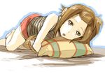  bare_shoulders brown_eyes brown_hair fukutarou_(enji127) k-on! looking_at_viewer lowres object_hug open_mouth pillow pillow_hug short_hair shorts sleeveless solo striped tainaka_ritsu tank_top 