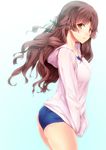  ano_natsu_de_matteru ass blush brown_eyes brown_hair competition_school_swimsuit hair_ribbon hands_in_pockets highres hood hooded_jacket hoodie jacket kitahara_mio long_hair looking_at_viewer matsukawa_(pale_scarlet) one-piece_swimsuit open_mouth ribbon school_swimsuit sidelocks simple_background solo swimsuit swimsuit_under_clothes twisted_torso 
