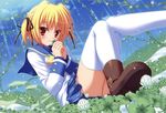  blonde_hair clover_point flowers red_eyes seifuku takanashi_yaya thighhighs yuyi 