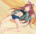  bare_legs barefoot blush bow breasts closed_eyes covered_nipples drooling fang hair_bow highres hood hoodie long_hair lying mahou_shoujo_madoka_magica midriff navel on_back open_mouth red_hair sakura_kyouko saliva shorts shuuji_(shumi) sleeping small_breasts smile solo 