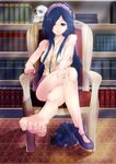  bare_shoulders barefoot blue_eyes blue_hair book breasts chair cleavage crossed_legs dress earrings feet hair_ornament highres jewelry large_breasts legs library long_hair pov_feet shoes single_shoe sitting skull smile solo succubus_quest sundress toe_scrunch toes tomohiro_kai 