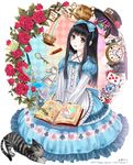  alice_(wonderland) alice_in_wonderland apron argyle argyle_background artist_name black_hair blue_dress blush book bow brown_eyes bug butterfly card cat center_frills chess_piece club_(shape) crayon cup diamond_(shape) dress english flower hair_bow halterneck hat heart holding holding_book insect kazuharu_kina key lolita_fashion md5_mismatch original pencil playing_card playing_card_theme pocket_watch rainbow red_flower red_rose rook_(chess) rose sitting smile solo spade_(shape) teacup teapot watch watermark web_address 
