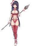  bad_id bad_pixiv_id black_hair blue_eyes bow breasts cleavage gloves hair_bow large_breasts navel original polearm solo spear thighhighs tyun weapon 