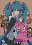  ahoge aqua_hair bandage_over_one_eye detached_sleeves hatsune_miku kiiko_(callto) long_hair necktie orange_eyes scrunchie solo stuffed_animal stuffed_toy tsumi_to_batsu_(vocaloid) twintails very_long_hair vocaloid 