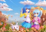  :3 adjusting_hair ahoge aqua_hair autumn autumn_leaves bili_girl_22 bili_girl_33 bilibili_douga blue_hair bubble_blowing cloud condensation_trail day flower hair_ornament highres leaf mascot mountain multiple_girls open_mouth red_eyes siblings side_ponytail sisters skirt sky television tree wind wudi_de_pangxie 