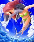  breasts clothed clothing dorsal_fin edmol female fins fish gills great_white great_white_shark hair marine open_mouth sea shark skimpy surf swimsuit tail teeth transformation water wave 
