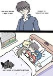  1boy 6+girls ^_^ bed bed_\r\nspectacles_\r\nwindow_\r\ncat bedroom cat character_request comic copyright_request english eyes_closed glasses indoors multiple_girls simple_background spectacles white_background window 