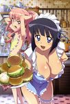  absurdres apron armpits bent_over black_hair blue_apron blue_eyes blue_garter breasts cleavage flat_chest food frilled_apron frills fujii_masahiro hamburger highres large_breasts leg_garter long_hair louise_francoise_le_blanc_de_la_valliere megami multiple_girls naked_apron official_art pink_eyes plate ponytail siesta yellow_apron zero_no_tsukaima 