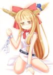  belt blonde_hair blush bottomless bow chain cuffs hair_bow horn_ribbon horns ibuki_suika long_hair naked_shirt niiya no_pants ribbon shackles shirt sitting sleeveless sleeveless_shirt smile solo touhou wariza yellow_eyes 