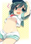  1girl ascot bad_id bad_pixiv_id black_hair blush breasts deyuyama green_eyes groin half-shirt hand_on_headwear hat highres midriff murasa_minamitsu navel open_mouth sailor sailor_hat shorts small_breasts solo surprised touhou underboob upshirt wavy_mouth 