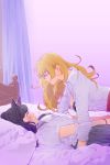  2girls animal_ears bed_frame black_bra black_hair blake_belladonna blonde_hair blush bra breasts brown_eyes cat_ears collared_shirt from_side gradient gradient_background grin long_hair long_sleeves lying multiple_girls on_back on_bed open_clothes open_shirt pillow pink_background purple_background purple_eyes rwby shirt short_sleeves sideboob smile udo_(zzinya) underwear wavy_hair white_shirt wristband yang_xiao_long yuri 