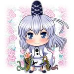  bad_id bad_pixiv_id blue_eyes blush bug butterfly chibi flower hand_on_hip hat insect japanese_clothes leaf looking_at_viewer mononobe_no_futo open_hand outstretched_arm silver_hair smile solo star star-shaped_pupils symbol-shaped_pupils tate_eboshi touhou white_background yutuki_kokonoe 