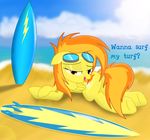  beach bedroom_eyes butt cutie_mark english_text equine eyewear female flank friendship_is_magic goggles hair hooves horse invalid_tag licking looking_at_viewer multi-colored_hair my_little_pony ocean pegasus pony presenting seaside solo spitfire_(mlp) spitshy suggestive surfboard tail tongue water wings wonderbolts_(mlp) 