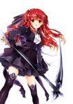 :d black_dress black_legwear character_request dress gloves kirino_kasumu long_hair looking_at_viewer official_art open_mouth red_eyes red_hair scythe simple_background smile solo thighhighs two_side_up weapon white_background xiii_ban_no_tarot_sorceress 