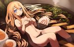  blonde_hair blue_eyes blush bowl breasts covering covering_breasts egg food hair_as_food highres in_food kamaboko large_breasts lying minigirl narutomaki navel noodles nude original personification ramen smile solo zenn 