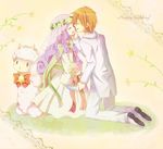  1girl bad_id bad_pixiv_id brown_hair closed_eyes feathers flower hand_on_another's_face harvest_moon harvest_moon:_the_tale_of_two_towns height_difference long_hair mini_mamu philip_(harvest_moon) purple_hair sage_(harvest_moon) short_hair size_difference veil 