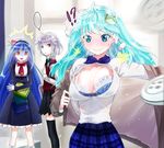  3girls :3 alternate_costume aqua_eyes aqua_hair bad_id bad_pixiv_id black_legwear blue_bra blue_hair blush bow bra braid breast_envy breasts bursting_breasts buttons cleavage contemporary flying_button food frog fruit hair_bow hair_ornament hairband hinanawi_tenshi inconvenient_breasts izayoi_sakuya kochiya_sanae large_breasts lingerie motion_blur multiple_girls peach plaid plaid_skirt popped_button red_eyes school_uniform silver_hair skirt snake thighhighs touhou turn_pale twin_braids underwear wardrobe_malfunction yamada_ranga 