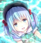  blue_eyes blue_hair breasts canae0 dress face from_above hair_bobbles hair_ornament hat kawashiro_nitori key short_hair sitting small_breasts smile solo touhou twintails wariza water 