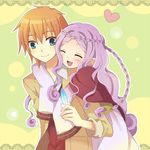  1girl bad_id bad_pixiv_id blue_eyes blush brown_hair closed_eyes feathers harvest_moon harvest_moon:_the_tale_of_two_towns heart hug hug_from_behind long_hair mini_mamu open_mouth philip_(harvest_moon) purple_hair sage_(harvest_moon) short_hair smile 