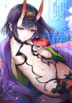  1girl alcohol arm_support bob_cut boots breasts cherry_blossoms collarbone commentary_request cover cover_page cup doujin_cover fang fate/grand_order fate_(series) flowing_hair gem headpiece hips holding holding_cup horns japanese_clothes kaguyuzu kimono looking_to_the_side navel nipples oni_horns open_clothes open_kimono petals petals_on_liquid purple_eyes purple_hair purple_kimono reclining revealing_clothes sakazuki sake short_eyebrows short_hair shuten_douji_(fate/grand_order) simple_background small_breasts smile solo thigh_boots thighhighs thighs 